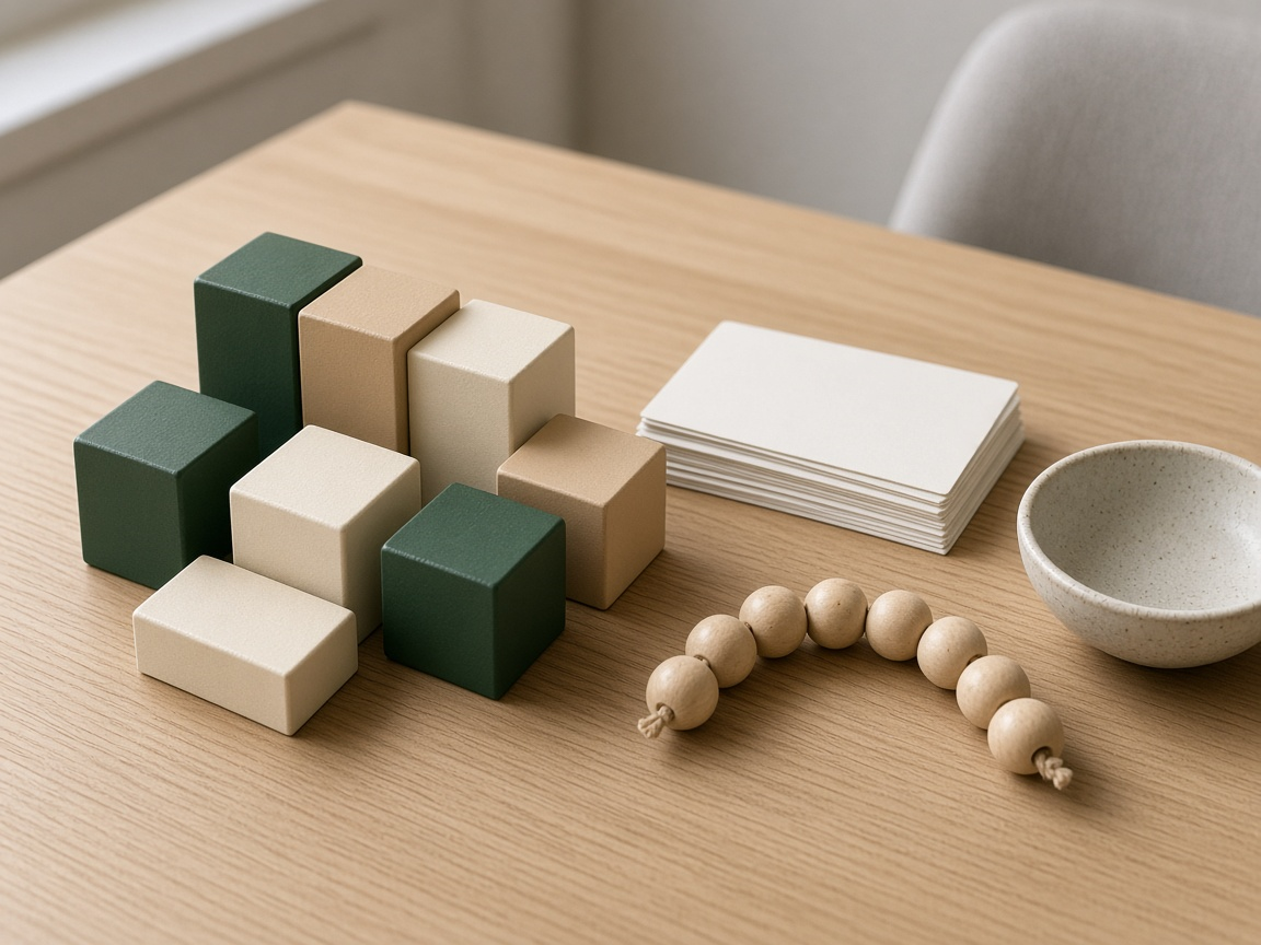 Wooden blocks, blank cards, beads, and a small bowl on a table